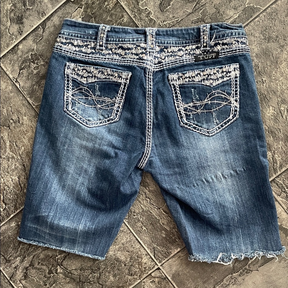 COWGIRL TUFF Sequin Denim Shorts with Silver Stitching Accents Western Sparkle